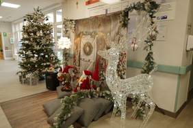 Pokaż zdjęcie: Świąteczna dekoracja w korytarzu budynku. Na pierwszym planie stoi duża, ażurowa figura renifera wykonana z białych światełek LED. Obok znajduje się fototapeta przedstawiająca drewniane drzwi z wieńcem oraz liczne ozdoby: figurki mikołajów, skrzatów i szyszki na poduchach. W głębi, po lewej stronie, stoi bogato ubrana choinka z biało-srebrnymi bombkami, a obok niej widać wejście z tabliczką AED.