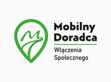 Logo programu „Mobilny Doradca Włączenia Społecznego” przedstawiające zielony znak lokalizacji z stylizowanym symbolem w środku oraz nazwę programu na jasnym tle.