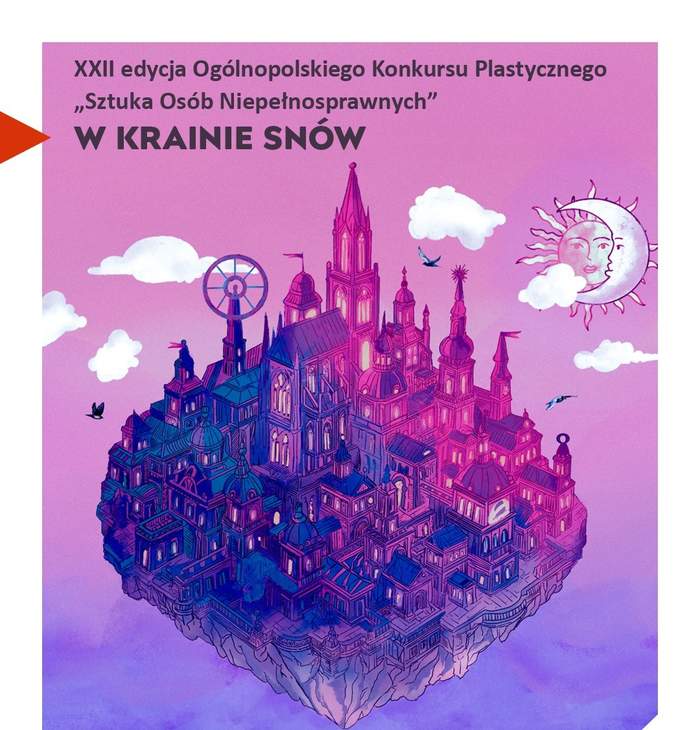 Pokaż zdjęcie: Grafika z tegorocznym logo konkursu "Sztuka Osob Niepełnosprawnych" i napisem "XXII edycja konkursu "Sztuka Osób Niepełnosprawnych. W krainie snów"