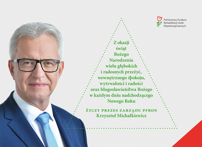 Pokaż zdjęcie: Grafika ze zdjeciem mężczyzny - prezesa Funduszu oraz choinką