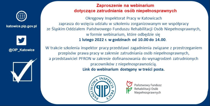 Pokaż zdjęcie: Grafika zawiera szczegółowe informacje dotyczące zaproszenia na webinarium dotyczące zatrudniania osób niepełnosprawnych, które są zawarte w tekście komunikatu.