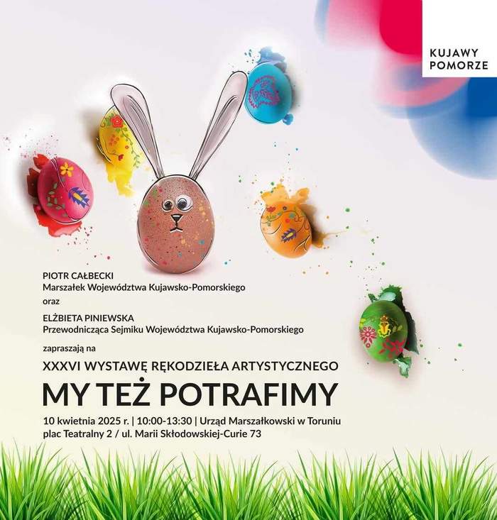 Plakat promujący kiermasz Wielkanocny - na kolorowym tle, od góry pisanki i głowa zająca (z pisanki), a pod spodem dane informacyjne: 