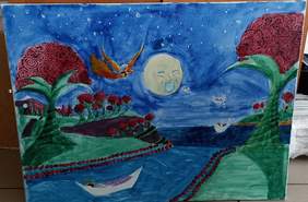 Pokaż zdjęcie: Namalowany pejzaż natury z postacią człowieka lecącym na feniksie