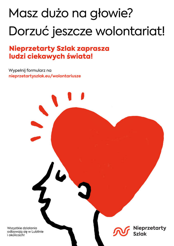 Pokaż zdjęcie: Na środku profil czarny twarzy. W miejscu włosów duże czerwone serce. W górnej części napis Masz dużo na głowie? Dorzuć jeszcze wolontariat