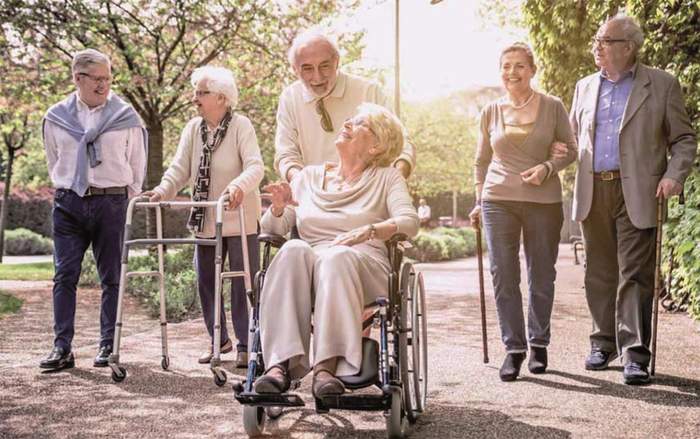 Pokaż zdjęcie: Sześciu pogodnych seniorów spracerujących po parku