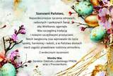 Tekst alternatywy: Kartka wielkanocna z pastelowym tłem i kwiatowo świąteczną dekoracją. Po lewej stronie znajdują się gałązki z różowymi kwiatami, a po prawej kolorowe pisanki – turkusowe, złote i zielone – ozdobione złotymi akcentami. W centralnej części umieszczony jest tekst życzeń.