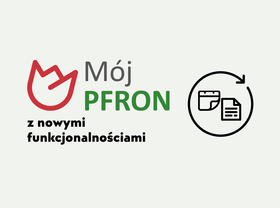 Grafika informacyjna. W centralnej części logotyp serwisu Mój PFRON i napis „z nowymi funkcjonalnościami”. Po prawej stronie ikona przedstawiająca kalendarz i dokument wpisane w okrągłą strzałkę symbolizującą odświeżanie. 