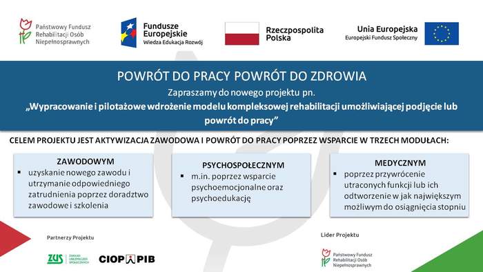 Pokaż zdjęcie: Grafika promująca projekt pn. „Wypracowanie i pilotażowe wdrożenie modelu kompleksowej rehabilitacji umożliwiającej podjęcie lub powrót do pracy”