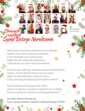Pokaż zdjęcie: Życzenia z okazji Świąt Bożego Narodzenia - treść życzeń oraz kolaż zdjęć pracowników Małopolskiego Oddziału PFRON