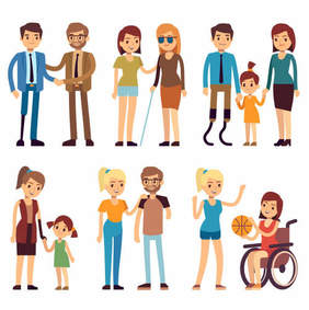 Pokaż zdjęcie: Na grafice w dwóch rzędach (poziomym i pionowym) stoją ludzie z różnymi niepełnosprawnościami. Są w różnym wieku i różnej płci. 