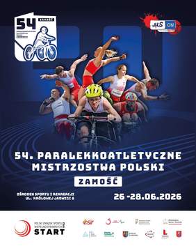 Pokaż zdjęcie: Grafika przedstawia grupę zawodniczek i zawodników podczas konkurencji lekkoatletycznych. W centrum znajdują się osoby poruszające się na wózkach sportowych, a wokół nich sportowcy w dynamicznych pozach. Tło jest ciemne, z elementami przypominającymi bieżnię lekkoatletyczną.