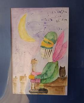 Pokaż zdjęcie: Postać krasnala siedzącego na dachu z kotem obok