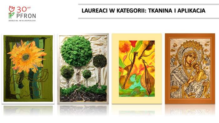Pokaż zdjęcie: Grafika prezentująca prace laureatów z Wielkopolski nagrodzone na etapie regionalnym, w kategorii tkanina i aplikacja, w ramach XIX edycji konkursu plastycznego „Sztuka Osób Niepełnosprawnych” - opisy zdjęć są przypisane osobno do każdej z prac