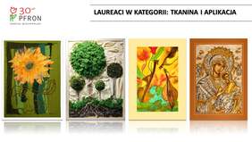 Pokaż zdjęcie: Grafika prezentująca prace laureatów z Wielkopolski nagrodzone na etapie regionalnym, w kategorii tkanina i aplikacja, w ramach XIX edycji konkursu plastycznego „Sztuka Osób Niepełnosprawnych” - opisy zdjęć są przypisane osobno do każdej z prac