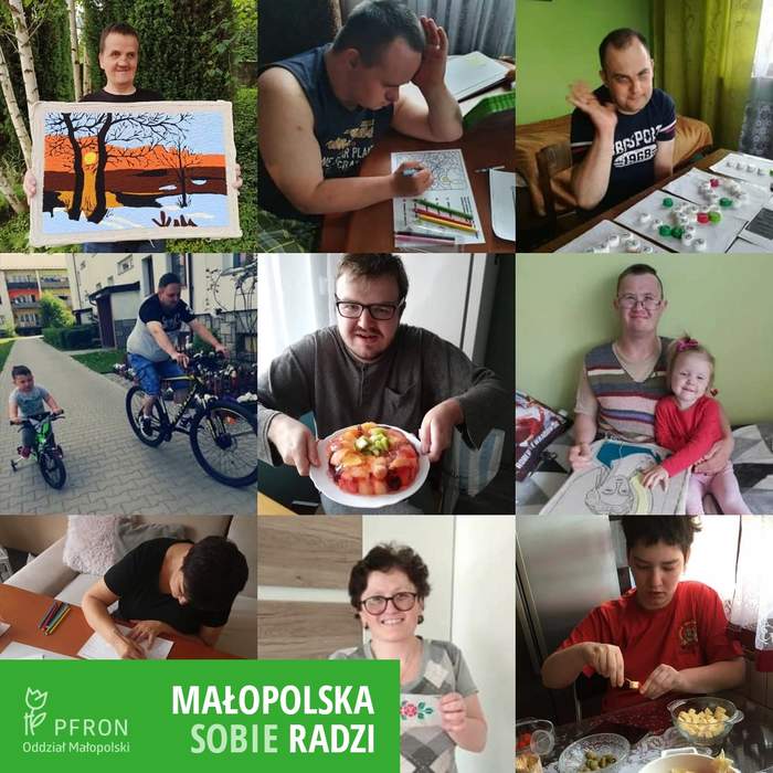 Pokaż zdjęcie: Kolaż zdjęć uczestników WTZ w Gostwicy - na zdjęciach uczestnicy podczas zajęć w domu m.in. gotują, kolorują, prezentują swoje prace plastyczne, ćwiczą