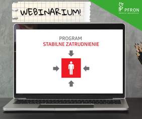 Pokaż zdjęcie: Otwarty laptop. Na ekranie widoczny napis: Stabilne zatrudnienie. Nad laptopem napis: webinarium.