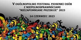 Grafika promująca Festiwal Piosenki "Niezapomniane Przeboje" w Chojnie w kolorze szarym i kolorwym - w kształcie nut