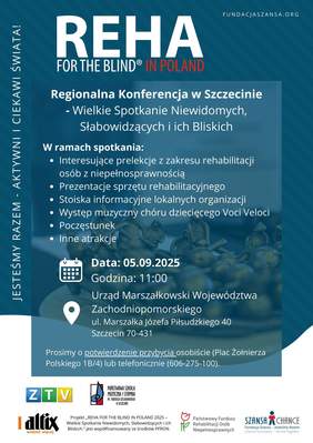 Pokaż zdjęcie: Plakat wydarzenia w kolorach niebiesko - białych z informacjami o konferencji