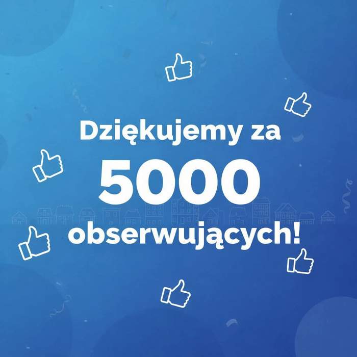 Pokaż zdjęcie: Grafika w kolorze niebeskiem z napisaem "Dziękujemy za 5000 obserwujących"