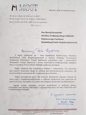 Okolicznościowy list zawierający gratulacje z okazji jubileuszu 30-lecia PFRON oraz podziękowania za naszą pracę