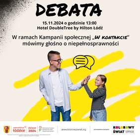 Pokaż zdjęcie: Zdjęcie jest infografiką promującą wydarzenie. Zamieszczone są na nim informacje dotyczące debaty, która ma się odbyć 15 listopada. Pod tekstem jest zdjęcie dwójki dzieci przybijających sobie piątkę. 