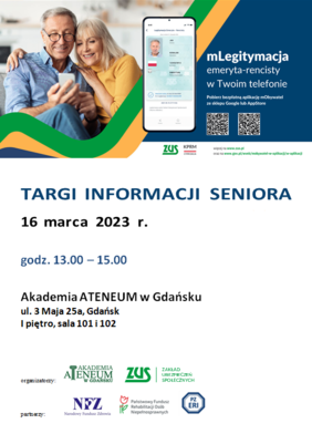 Pokaż zdjęcie: W lewym górnym rogu mężczyzna w siwych włosach i okularach z kobietą siedzącą obok siebie uśmiechnięci zaglądają do telefonu. Obok screen z telefonu ze zdjęciem mężczyzny obok napis mlegitymacja emeryta-rencisty w twoim telefonie i dwa kody 