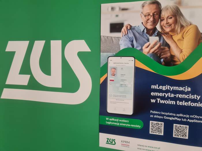 Logo ZUS i plakat reklamujący aplikację mLegitymacja
