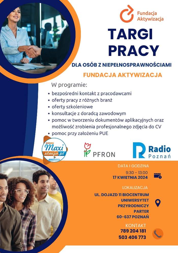 Pokaż zdjęcie: Po lewej stronie znajdują się dwa zdjęcia prezentujące młode, uśmiechnięte osoby. Po prawej widoczne są informacje o Targach Pracy dla osób z niepełnosprawnościami, które zostały zawarte w treści niniejszej publikacji.