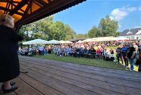 Pokaż zdjęcie: Uczestnicy pikniku z okazji Międzynarodowego Dnia Głuchych. Na drewnianej scenie widać osobę migającą, przed sceną tłum uczestników wydarzenia
