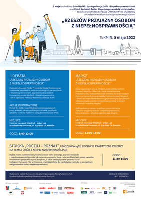 Plakat wydarzenia, u góry na tle zarysu miasta 3 osoby z niepełnosprawnościami, niżej odpowiednio na kolorach niebieskim, pomarańczowym i kremowym szczegółowe informacje o wydarzeniu