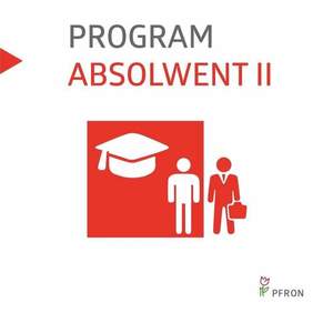 Pokaż zdjęcie: Duży napis: ,,Program Absolwent II’’ oraz grafika z białą i czerwoną postacią i czapką absolwenta
