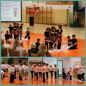 Pokaż zdjęcie: Cztery zdjęcia z występów tanecznych podczas XXI Międzyszkolnego Integracyjnego Festiwalu Piosenki i Tańca w SP nr 50 w Białymstoku. Na największym zdjęciu dzieci w czarnych strojach z kolorowymi frędzlami wykonują taniec z szarfami na środku sali gimnastycznej. Przed nimi siedzi publiczność. Na dolnym pasku zdjęcia trzy mniejsze kadry: dzieci w strojach ludowych (dziewczynki w spódniczkach w paski, chłopcy w białych koszulach), grupa uczennic w różowych koszulkach i czarnych legginsach tańczących synchronicznie, oraz występ grupy z białymi kapeluszami, w tym jedna osoba na wózku inwalidzkim. W tle widoczne ekrany z nazwami szkół i prezentacji.