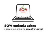 Grafika informacyjna PFRON na jasnoszarym tle. W centrum znajduje się ilustracja laptopa z logo SOW (System Obsługi Wsparcia) na ekranie. Poniżej widnieje napis: „SOW zmienia adres z sow.pfron.org.pl na sow.pfron.gov.pl”. Grafika informuje o zmianie adresu internetowego systemu SOW.