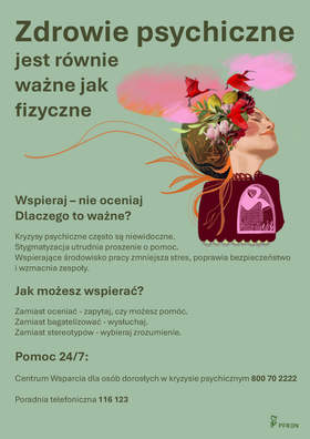 Zdjęcie jest infografiką na temat zdrowia psychicznego. Zamieszczone są informacje dotyczące jego znaczenia w życiu człowieka. Podany jest także numer telefonu dla osób będących w kryzysie psychicznym. Jest także rysunek kobiety z kolorowymi kwiatami na głowie. 
