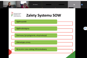 Pokaż zdjęcie: Przedstawiciel Biura PFRON omówił zalety Systemu SOW. Na zdjęciu jeden ze slajdów.