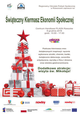Plakat promujący Bożonarodzeniowy Kiermasz Ekonomii Społecznej w Rzeszowie w dniu 8 grudnia 2018