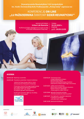 plakat informujący o konferencji, u góry dane organizatora, miejsca i terminu, poniżej zdjęcie: dwie kobiety, jedna siedzi trzyma się za kolano, obok zdjęcie rentgenowskie, poniżej agenda wydarzenia trwajacego od 10.50 - 13.50