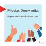 Zdjęcie jest infografiką. Na górze umieszczony jest tekst: "Miesiąc Dumy mija. Wspólna odpowiedzialność trwa". Poniżej są ilustracje klaszczących dłoni. Tło jest jasnoniebieskie. 