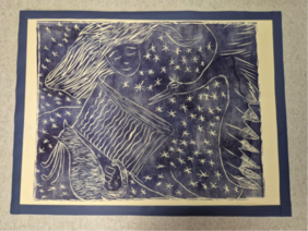 Pokaż zdjęcie: Linoryt przedstawiająca postać kobiety z długimi włosami na tle nieba z gwiazdami 