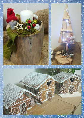 Pokaż zdjęcie: Trzy miniatury zdjęć na których są prace uczestników w lewym górnym rogu stroik na drewnianym pniu, obok choinka wykonana ze sklejki ozdobiona światełkami, na dole domki z piernika.