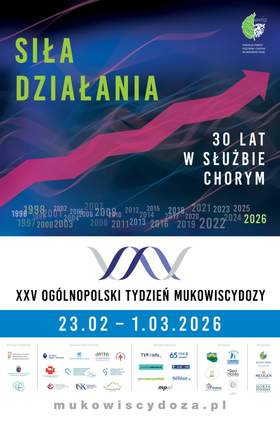 Zdjęcie jest plakatem promującym kampanię: XXV Ogólnopolski Tydzień Mukowiscydozy. Napisane jest tegoroczne hasło kampanii: „Mukowiscydoza – 30 lat w służbie chorym – siła działania” . Na dole zamieszczone są loga instytucji, ośrodków, placówek, fundacji itd. 