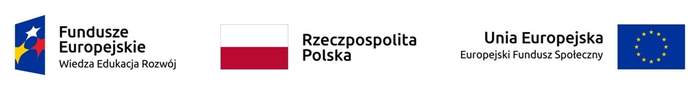 Logotyp w formie paska zawierający od lewej strony następujące sformułowania: „Fundusze Europejskie; Wiedza, Edukacja, Rozwój”; „Rzeczpospolita Polska” oraz „Unia Europejska; Europejski Fundusz Społeczny”.