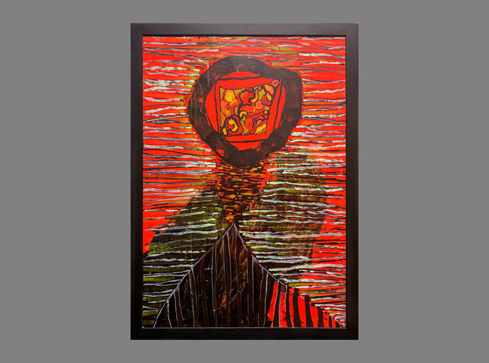 Pokaż zdjęcie: Postać kobiety na czerwonym tle brązowy obrys postać