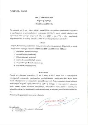 Pokaż zdjęcie: Polecenie Wojewody Śląskiego Jarosława Wieczorka