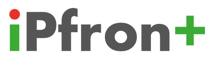 logo platformy ipfron  plus, literka i jest zielona z czerwona kropką, napis pfron w kolorze grafitowym oraz znak plus w kolorze zielonym