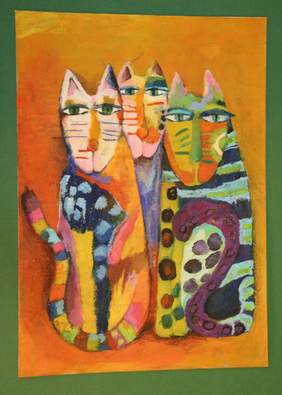 Pokaż zdjęcie: moje koty pieszczoty, 3 kolorowe koty namalowane na pomarańczowym tle