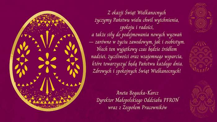 Pokaż zdjęcie: Opis alternatywny:  Kartka świąteczna wielkanocna w odcieniach bordowym i złotym. Po lewej stronie duża złota pisanka z dekoracyjnymi, ludowymi wzorami. Po prawej stronie umieszczony jest tekst życzeń zapisany elegancką, jasną czcionką. W tle znajdują się subtelne, złote ornamenty w kształcie pisanek. 