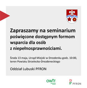 Grafika z logo PFRON, OWiT oraz herbem Powiatu, która jest wypełniona treścią informacyjną dotyczącą spotkania