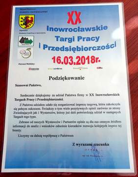 Podziękowanie za udział w XX Inowrocławskich TargachPracy i Przedsiębiorczościów