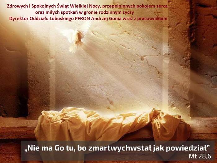 Pokaż zdjęcie: Pusty grób Pana Jezusa, z płótnami, światłem z nieba, gołębicą, z treścią życzeń świątecznych oraz cytatem z Ewangelii "Nie ma Go tu, bo zmartwychwstał, jak powiedział"
